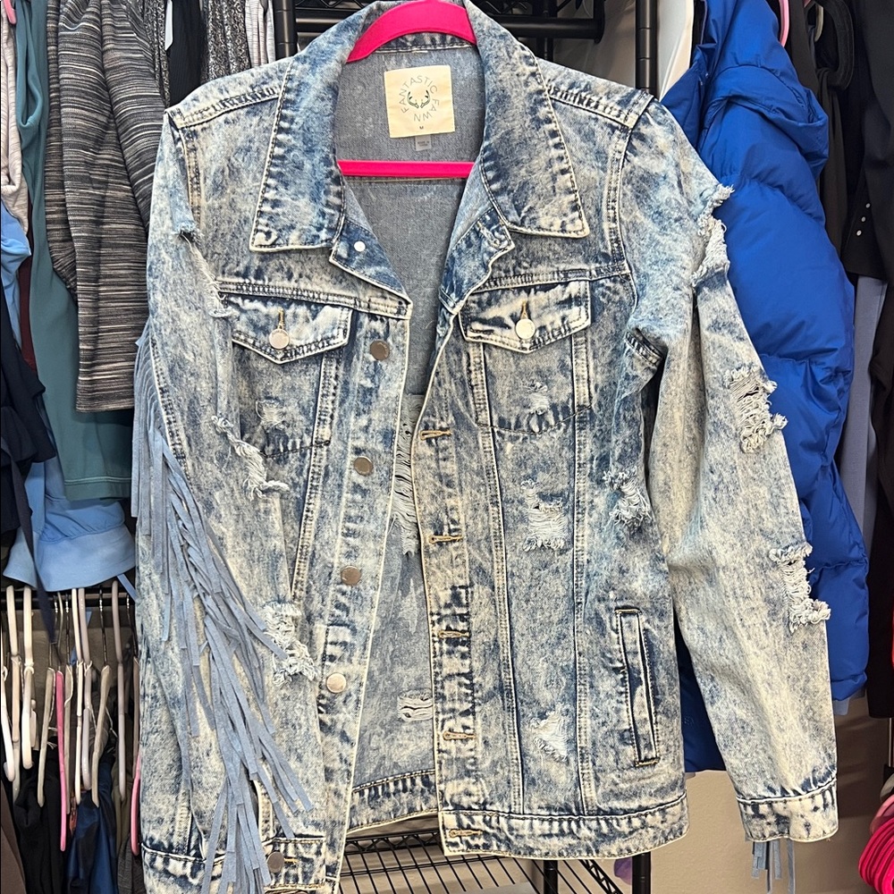 Fringe Denim Distressed Jean Jacket Medium Womens - Picture 3 of 7